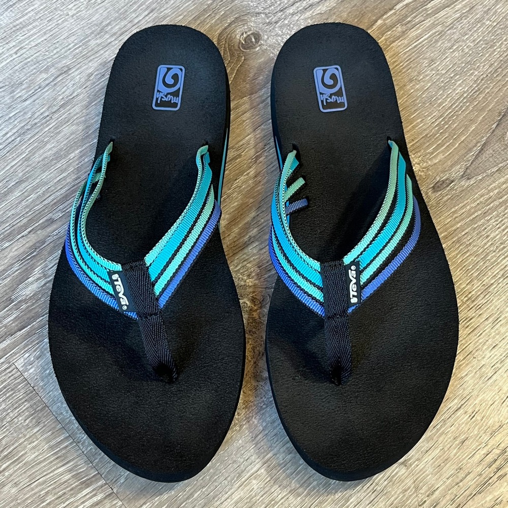 Teva Mush Adapto Flip Flops Womens 11 Black Blue Teal Comfort Sandals 4196